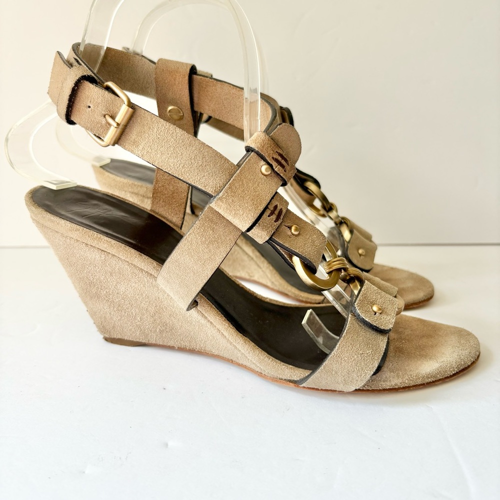 Giuseppe Zanotti Tan Taupe Suede Leather Strappy Wedge Sandals